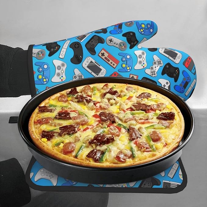 Video Game Controller Background Oven Mitts and Pot Holders Colorful Heat Resistant Oven Mitts Safe for Baking Cooking BBQ