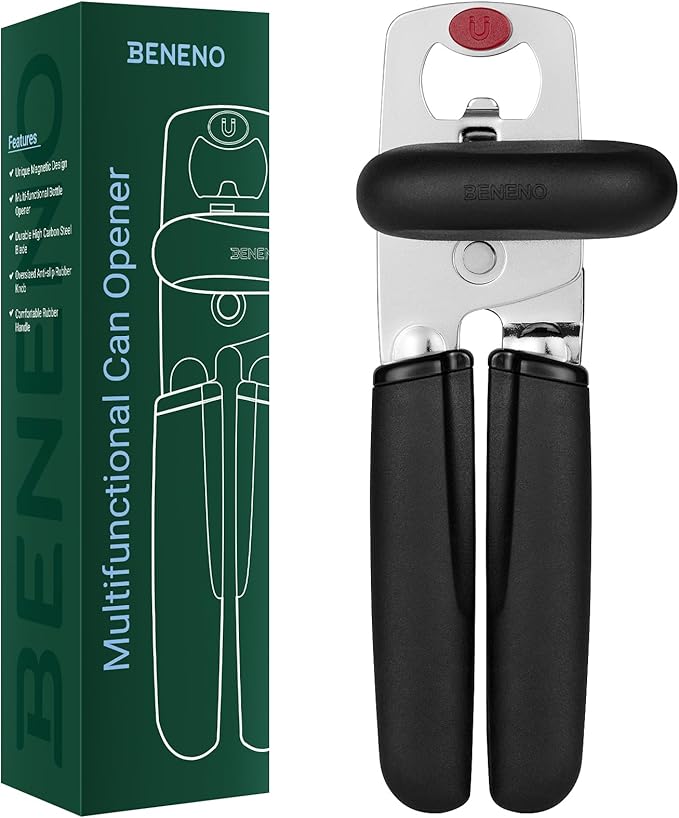Beneno Can Opener, Heavy Duty Manual Can Opener with Magnet Lid Lifter & Bottle Opener, Hand Can Opener Manual with Ergonomic Soft Grip, Easy Turn Knob for Arthritis & Weak Hands, Easy to Use, Black