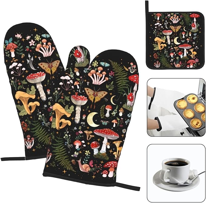 Mushroom Oven Mitts and Pot Holders Sets, Heat Resistant Black Hot Pads Witchy Oven Gloves for Cooking Grilling Baking Kitchen Decor Aesthetic, Witchy Gifts for Women,Mushroom Gifts for Women