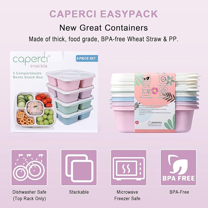 Caperci 5-Pack Lunchable Container Set for Kids & Adults - Reusable Bento Snack Box Containers with 5-Compartment for Food Storage & Meal Prep, Wheat Straw, BPA-Free (Vintage Colors)
