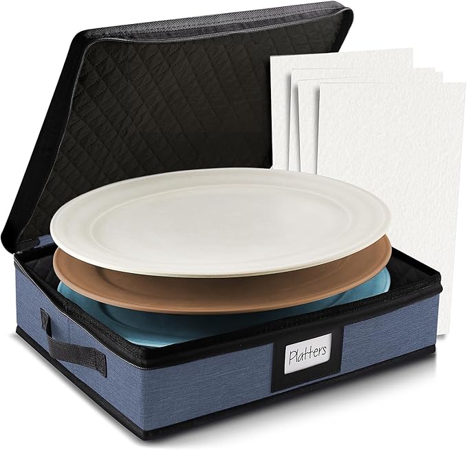 Platter Storage Case – Fine China Storage Containers Hard Shell, Quilted and Stackable 16”x 12.5”x 3.5” Platter Storage Container with Handles and Felt Dividers for Moving and Seasonal Storage, Blue