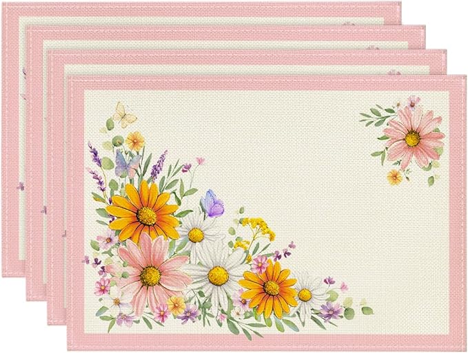 Artoid Mode Pink Sunflowers Butterfly Spring Placemats Set of 4, 12x18 Inch Seasonal Summer Holiday Table Mats for Party Kitchen Dining Decoration