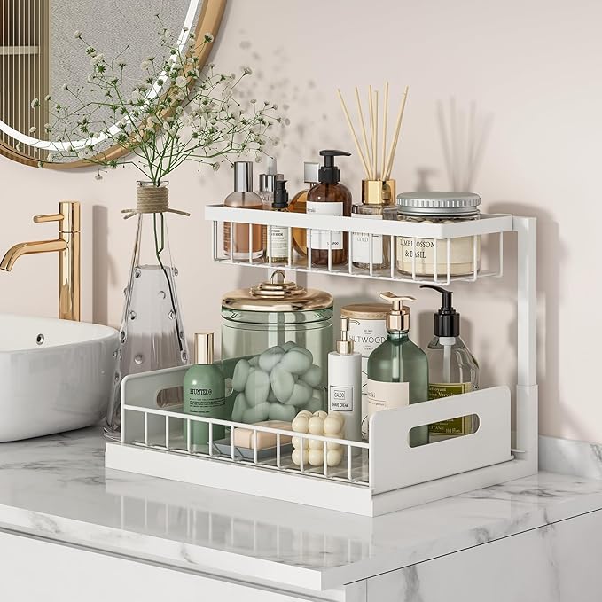 REALINN Under Sink Organizer, Pull Out Cabinet Organizer, 2 Tier Metal Slide Out Shelf with L Shaped Design, Under Cabinet Storage for Kitchen, Bathroom, Laundry, Deep Cabinet Shelf Storage, White