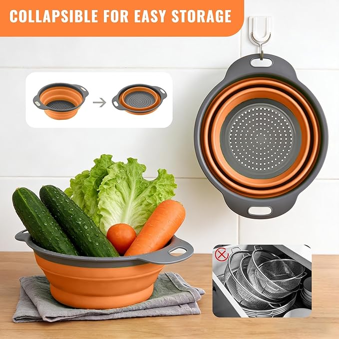 Collapsible Colander Set of 2, Folding Kitchen Strainers with Handles, Space-Saving Over-the-Sink Drainers for Pasta, Veggies & Fruit, BPA-Free, Dishwasher Safe, RV & Camping (Orange)