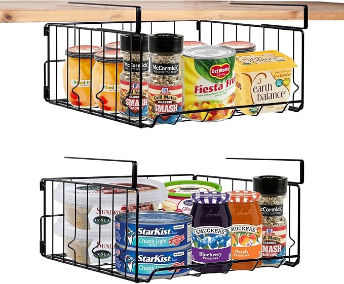 Under Shelf Storage Baskets, Foldable Carbon Steel Under Cabinet Basket for Kitchen Cabinets Pantries Bookshelves Desk, Space-Saving Storage Solution (Black, 2 Pack)