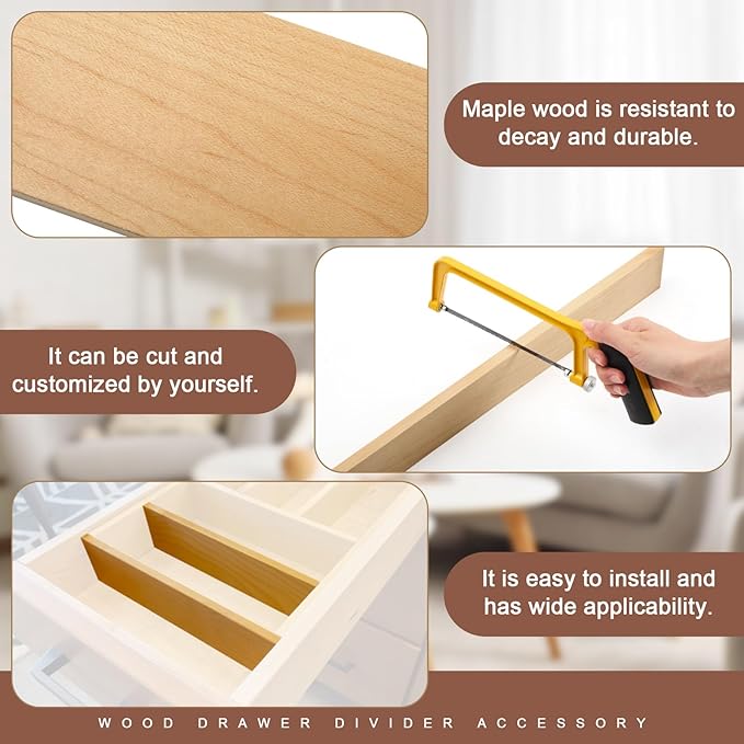 Leinuosen 2 Pack Maple Veneer Wood Drawer Divider Accessory 22 x 2.36 x 0.47 Inch Cuttable DIY Wood Divider for Drawer Organizers, Storing Cutlery, Knives and Tools