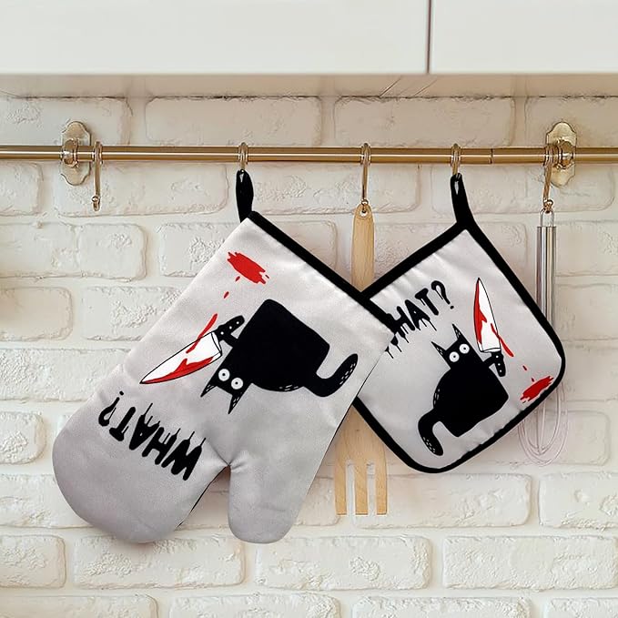 zcyhtqp, What? Funny Silicone Non-Slip Oven Mitts and Pot Holders Sets of 2, Cat Oven Mitts, Bake Lover Gift, Kitchen Gift for Cat Owner, Cat Mom