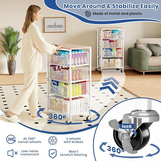 Goovilla Kitchen Cart with Drawers, 4 Tier Metal Rolling Utility Cart Organizer on Lockable Wheels with Wooden Top, White Fruit Vegetable Storage Rack Also for Cans, Snack, Craft, Art, Office, Beauty