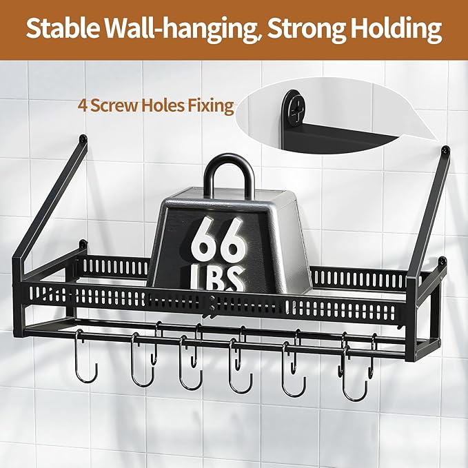 Housolution Pan Rack Wall Mounted, 24.8" Vertical Lid Organizer with 14 Adjustable Dividers, Heavy Duty Hanging Cookware Holder Hanger with 6 S-Hooks & 6 Vertical Hooks