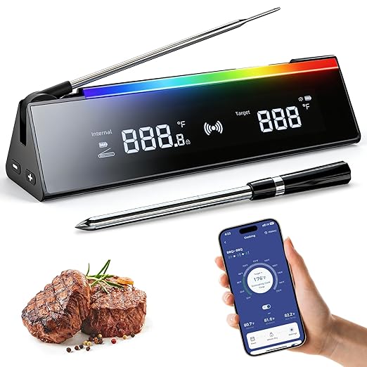 Meat Thermometer with 2 Probes, RGB Cooking Progress Light, LCD Base, Smart APP Control, IPX8 Waterproof, Digital Food Thermometer Wireless for Grill, Smoker, Oven, Sous-Vide & Rotisserie