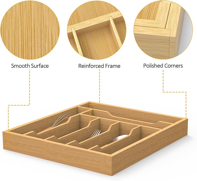 Bamboo Silverware Organizer Drawer Tray, 7-Compartment Utensil Drawer Organizer for Kitchen & Office, Flatware Holder for Forks, Spoons, Cutlery