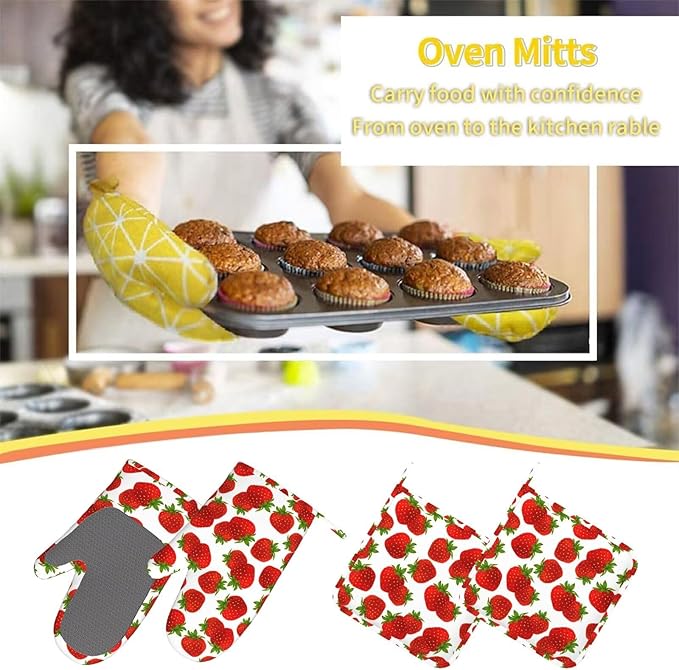 Cute Strawberry Oven Mitts Strawberries Pot Holders Cooking Apron Set of 5 Silicone Strawberry Kitchen Glove Apron Non-Slip Heat Resistant for Chef Baking Cooking Grilling BBQ