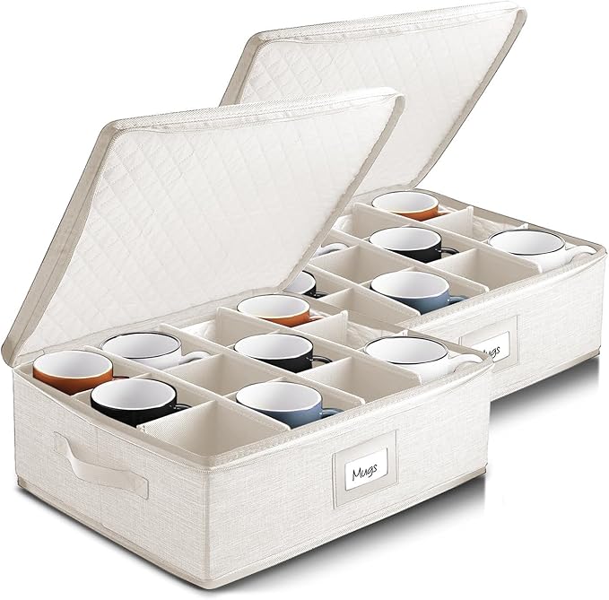 Coffee Mug Storage, 2 Pack Quilted and Stackable Coffee Cup Storage Organizer for Service of 24, Mug Storage Box with Dividers, China Containers Hard Shell for Moving and Organization, Cream
