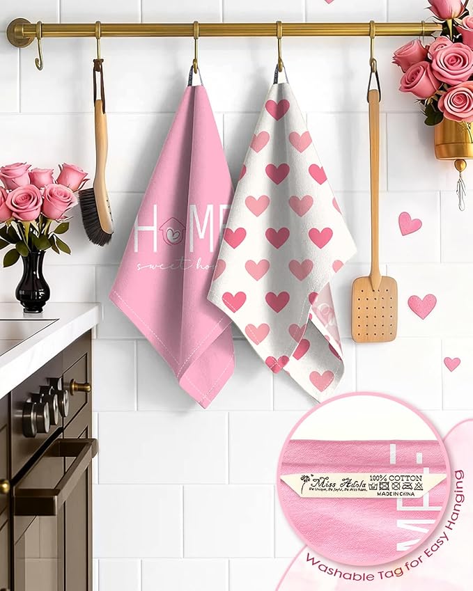Miss Adola Valentine Day Kitchen Towels Set of 2 - Flour Sack Tea Towels with Hanging Loop 18x26 Inch Home Sweet Home Hand Dish Cloths Pink Hearts Absorbent Reusable Dishcloths Cute Valentine Decor