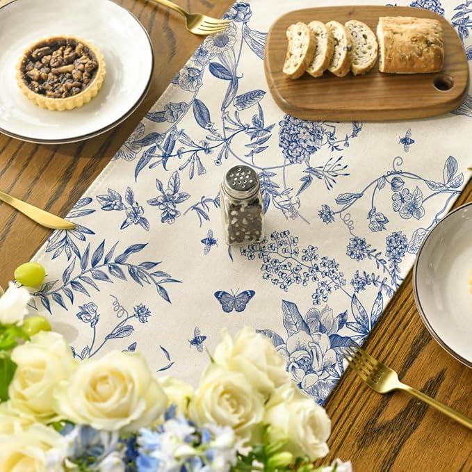 Artoid Mode Monochrome Sketch Birds and Flowers Spring Table Runner, Summer Seasonal Fall Kitchen Dining Table Decoration for Home Party Decor 13x90 Inch