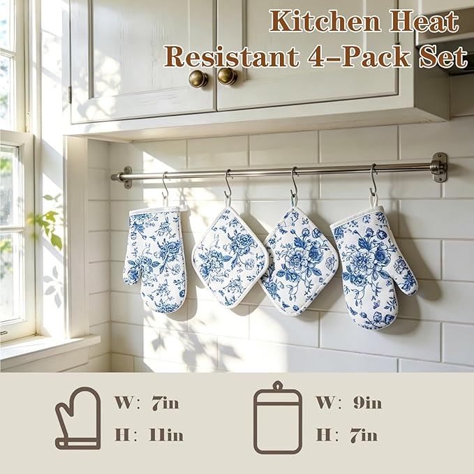 AnyDesign 4Pcs Blue Porcelain Floral Oven Mitts and Pot Holders Set Heat Resistant Non-Slip Potholders Chinoiserie Flower Kitchen Oven Gloves with Hot Pads for Cooking Baking