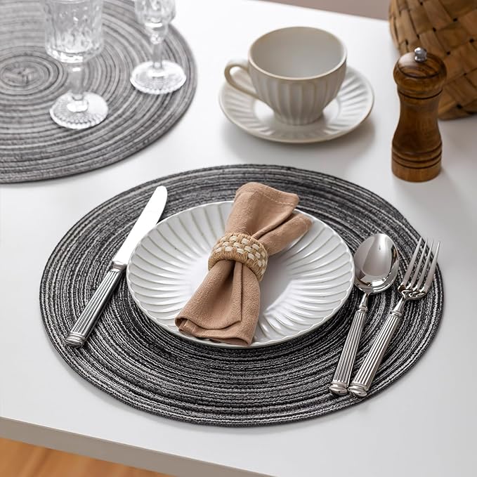 Round Placemats Set of 4 Woven Placemats Washable Braided Table Mats for Dining Table Heat Resistant Non-Slip Circle Place Mats(Mixed Gray)
