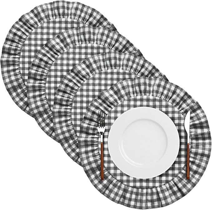 4 Pcs 15 Inch 100% Cotton Scalloped Round Placemats, Thin Black & White Gingham Place Mats with Ruffle, Washable Placemats Table Mats for Kitchen Dining Holiday Gatherings Decor