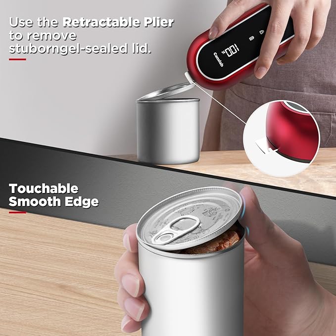 Canslab Turbo - Auto Shut Off Rechargeable Electric Can Openers - LED Battery Display USB Automatic Can Openerfor Kitchen for Seniors with Arthritis - One Touch Side Cut Can Opener Smooth Edge, Red