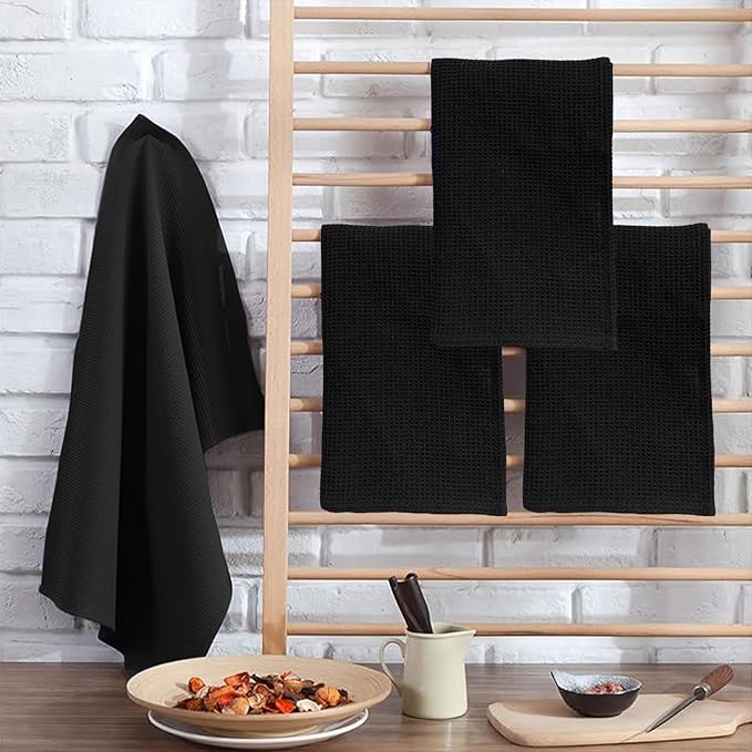 PY HOME & SPORTS Dish Towels Set - 4 Pieces 17 x 25 Inches Black 100% Cotton Waffle Weave Kitchen Towels, Super Absorbent Kitchen Hand Dish Cloths for Drying and Cleaning