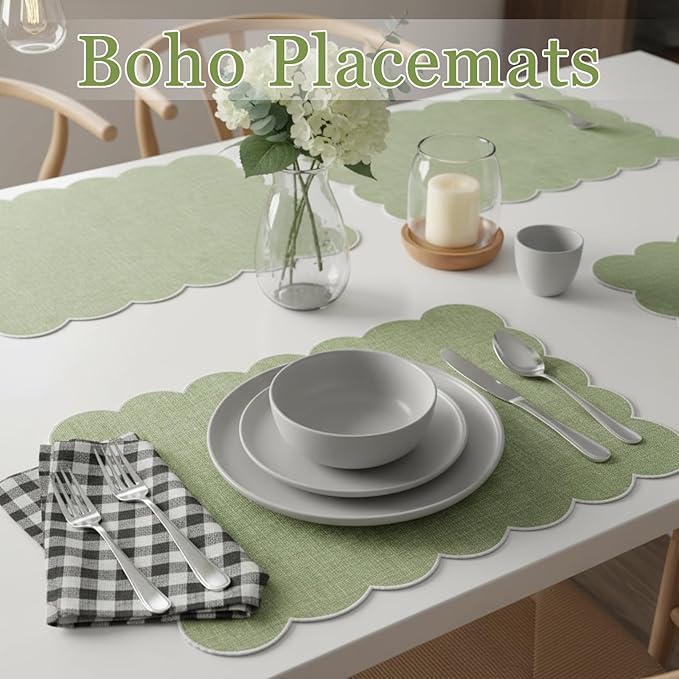 LemonRoad 8 Pcs Boho Linen Placemats Set 13" x 19" Elegant Scalloped Double Layered Placemats Farmhouse Washable Rustic Dining Table Decorations for Kitchen Wedding Banquet (Sage Green,White)