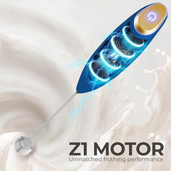 Zulay Kitchen Patented Tornado Triple Whisk Milk Frother with 4 Duracell Batteries – Handheld Foam Maker for Coffee, Lattes, Matcha & Hot Chocolate – Rich, Creamy Froth in Seconds - Navy Blue & Gold