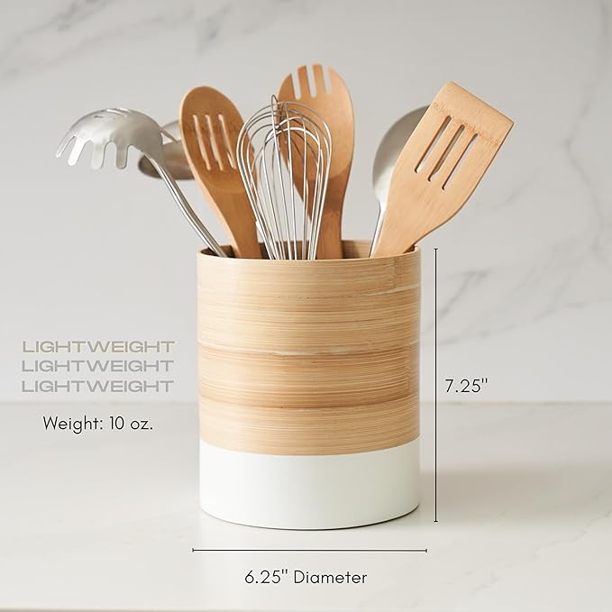 Handcrafted Bamboo Kitchen Utensil Organizer, Modern Countertop Cooking Utensil Holder, Large Crock