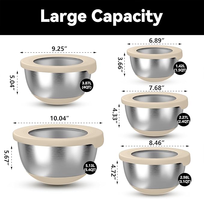 KITEISCAT Stainless Steel Mixing Bowls with Lids – Set of 5 Large Nesting Metal Bowls for Kitchen, Baking, Cooking, Food Prep & Storage, Non-Slip Base, Dishwasher Safe,Khaki