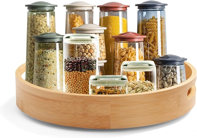 12in Bamboo Lazy Susan Turntable Organizer - Tall Side Anti-Fall Spinning Storage for Kitchen,Pantry, Countertop & Cabinet | Rotating Round Spice, Seasoning & Condiment Tray