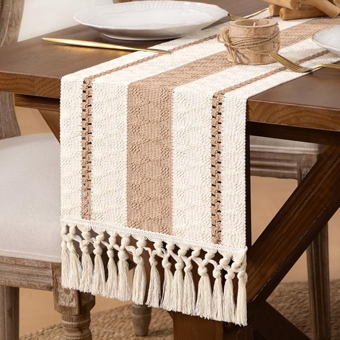 DeZerlor Boho Macrame Table Runner Spring Easter Farmhouse Woven Small Table Runner with Tassels 36 Inches Ivory& Khaki Cotton Linen Kitchen Table Decor for Dining Dresser Home Tea Table Decor