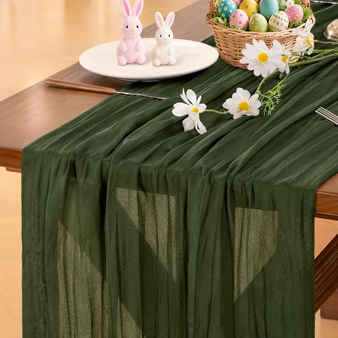 Socomi Olive Green Spring Cheesecloth Table Runner Boho Rustic Gauze 120 inch 10FT Cheese Cloth Runner for Wedding Party Baby Shower Birthday Home Decor