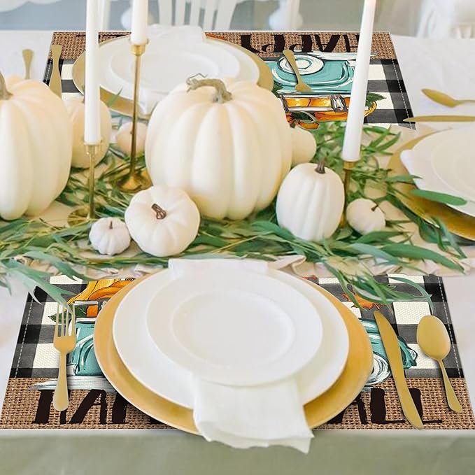 Niviy Buffalo Plaid Check Pumpkins Truck Fall Placemats Set of 6, 12x18 Inch Autumn Thanksgiving Table Mats for Holiday Party Kitchen Dining Room Decoration