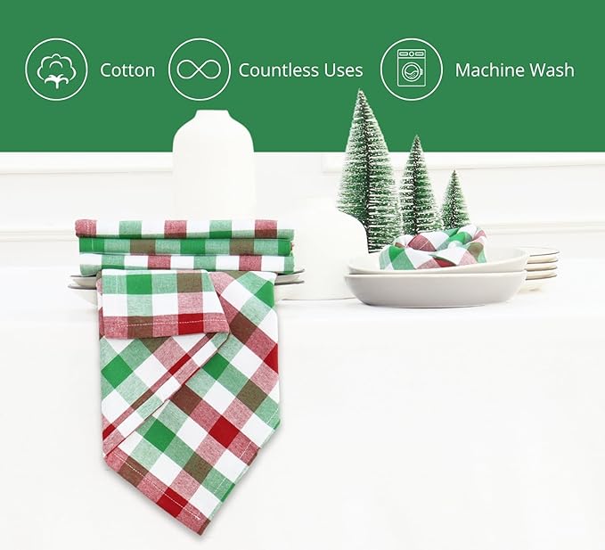 PurpleEssences Buffalo Plaid Cloth Napkins - Mitered Corners - Spring Easter Summer - Gingham Check Dinner Napkin - Set of 12-100% Cotton - 18x18 Inch - Reusable Washable - Red Green White