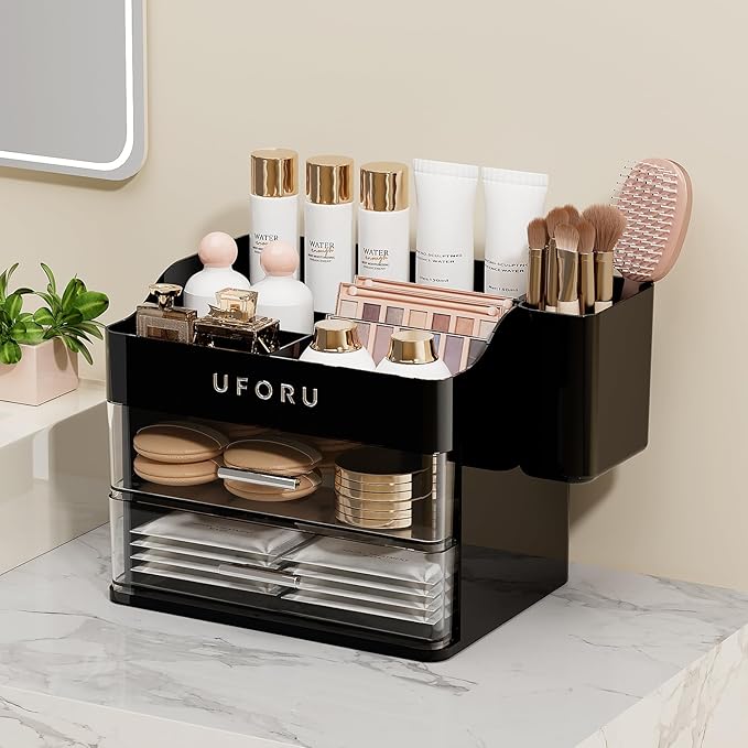 Makeup Organizer for Vanity with Brush Holder, Countertop Skincare Organizer with 2 Drawers, Spacious Cosmetic Display Case for Perfumes, Cologne, Shaving Lotion