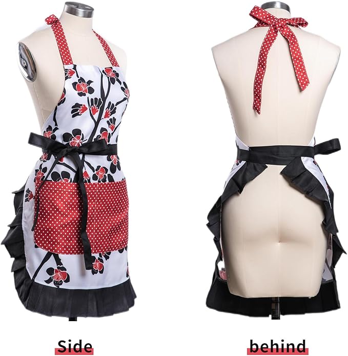 Lovely Flower Pattern Retro Aprons With Large Pockets for Women Girls Cooking Kitchen Bakery Mother's Gift