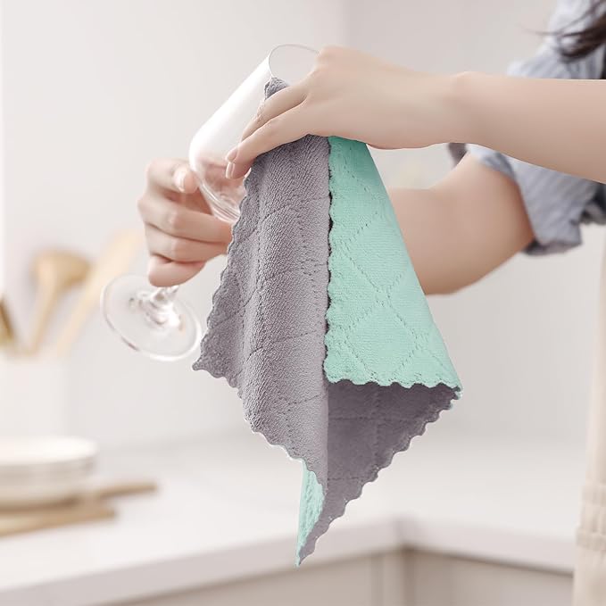 Homaxy 12 Pack Kitchen Cloths Dish Towels (10" x 10", Grey & Green), Super Soft and Absorbent Dish Cloths, Coral Velvet Microfiber Cleaning Cloth, Nonstick Oil Fast Dry Dishcloths