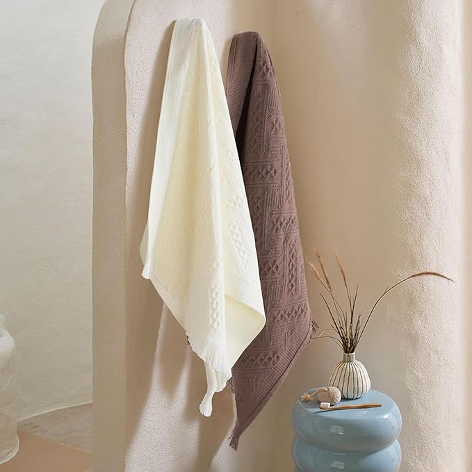 Luxury Decorative Hand Towels Bathroom: 2 Packs 14X30 100% Cotton Turkish Absorbent Soft Face Towel Set for Boho Bathroom Decor Kitchen Hotel Spa Farmhouse Guest Tea Gift (02 Boho White, 14"x30")