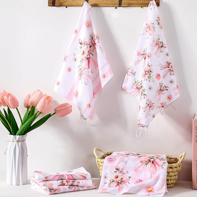 Breling Set of 6 Pink Bow Kitchen Towels Coquette Floral Dish Towel Bathroom Decorative Pink Cute Bowknot Hand Cloths for Kitchen Bathroom Home Cooking Housewarming Gifts, 14 x 21 Inch