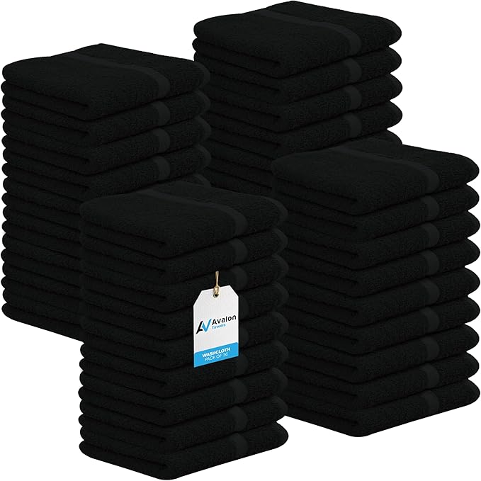 Avalon Towels Cotton Washcloths – (Pack of 36) Size 12x12 Inches, 100% Ring Spun Cotton, Soft & Absorbent Face Towels, Gym Towels, Hotel and Spa Quality, Reusable Fingertip Towels (Black)