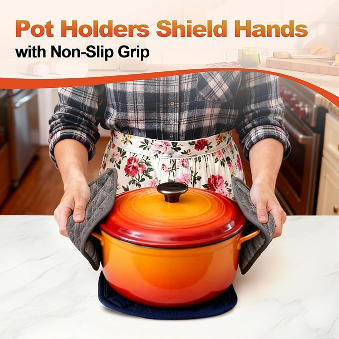 5 Pack Pot Holders for Kitchen Heavy Duty Hot Pads, Hot Pads for Kitchen,8 Inch Square Potholders for Cooking, Baking & Grilling (Black)