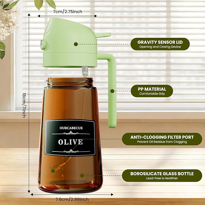 OURCABECUE 2 in 1 Olive Oil Sprayer for Cooking, 16oz Olive Oil Dispenser Bottle for Kitchen, Light-Blocking Dark Glass Oil Bottle, Food-Grade Oil Mister with 8 Oil Stickers (Brown Bottle-Green Cap)