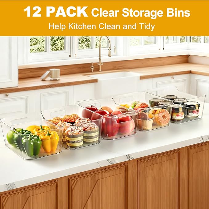 Hudgan 12 Pack Pantry Storage Bins for Kitchen Cabinet, Clear Plastic Organizer Bins for Bathroom, Pantry Organizer Containers for Home Edit, Drawer, Under Sink, Fridge and Closet