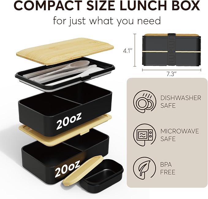 Umami Bento Box Adult All-In-1 w/4 Utensils, Big Sauce Jar, 2 Dividers, 100% Leakproof, Microwave & Dishwasher Safe Stackable Bento Lunch Box Containers for Men/Women, Black & Bamboo, 40 oz