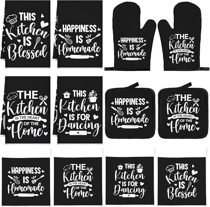 12 Pcs Farmhouse Kitchen Decor and Accessories Sets 4 Black Kitchen Towels 4 Absorbent Dishcloths 2 Pot Holders 2 Oven Mitts Gloves for Home Decorations Mom Gifts