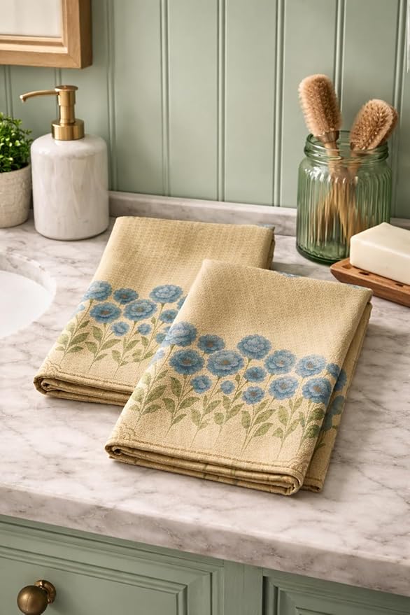 Easter Gift Kitchen Microfiber Waffle Tea Towels Set of 2 Absorbent & Fast Drying Dish Cloths for Cleaning,Vintage Floral Herbs Boho,Decorative Hand Towels for Bathroom, 20x28" (Vintage Blue Flower)