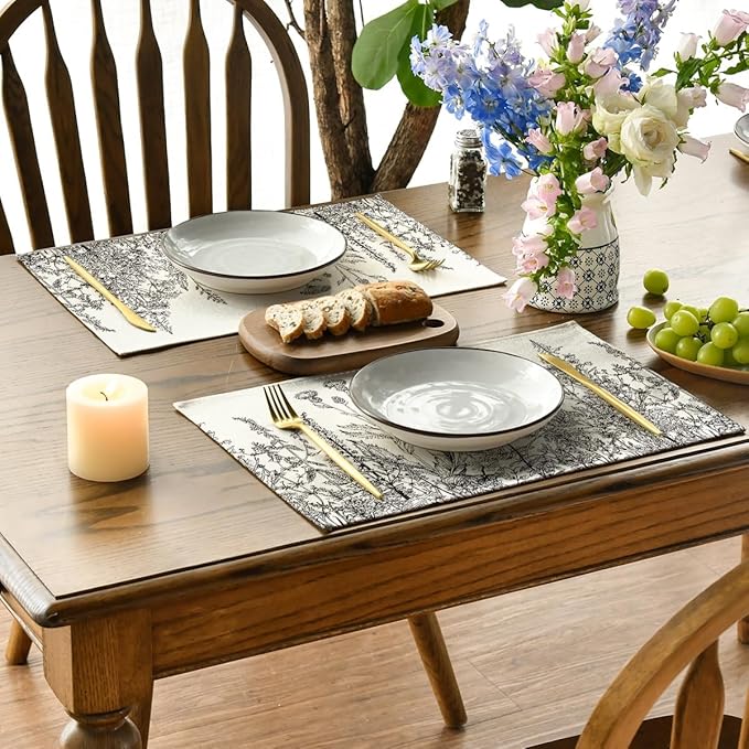 Artoid Mode Grey Antique Herbs and Wild Flowers Spring Placemats Set of 4, 12x18 Inch Seasonal Table Mats for Party Kitchen Dining Decoration