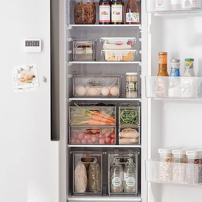 MineSign Set of 3 Stackable Refrigerator Organizer Bins Pull-Out Drawers for Fruit and Veggies Divided Storage Organizer for Fridge Clear Drawer Containers with Handle for Produce Saver, Eggs, Snack