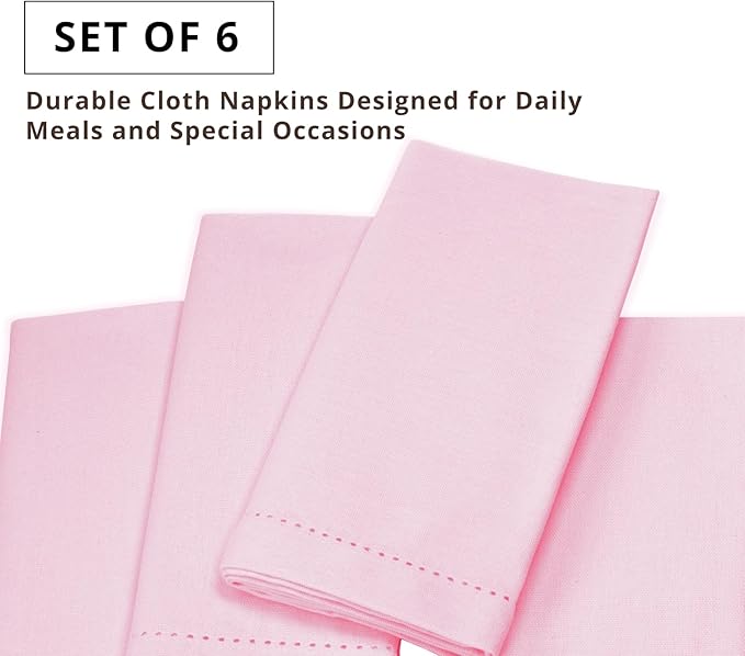 PurpleEssences Set of 6 Hemstitch Cloth Dinner Napkins 100% Cotton - Soft Durable Washable - Ideal for Wedding Spring Easter Summer - Perfect Everyday Use Table Linen 18x18 - Blush Pink