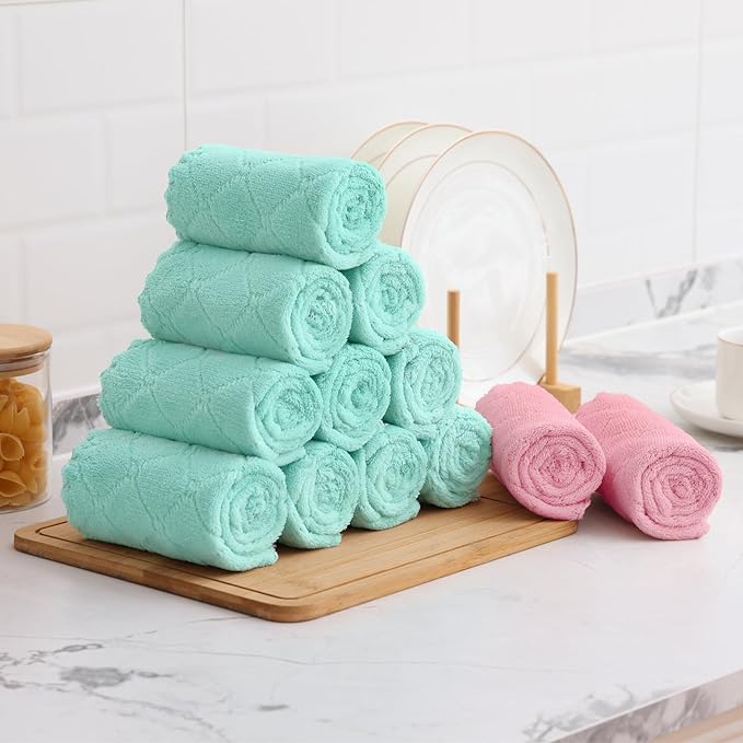 Mordimy 12 Pack Kitchen Towels (20" x 10", Green & Pink), Super Soft and Absorbent Dish Towels, Coral Velvet Microfiber Cleaning Cloth, Nonstick Oil Fast Dry Dish Cloths