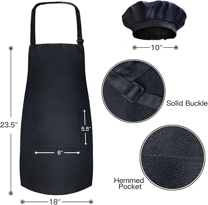 Novelty Place Kid's Apron with Chef Hat Set (3 Set) - Skin-friendly Children’s Bib with Pocket - Cooking, Baking, Painting, Training Wear - Kid's Size (6-12 Year, Black)